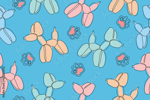 Classic balloon dog. Vector seamless pattern of cute cartoon bubble animal in color. Design element for logo, card, t-shirt print, invitation, accessories. Vector illustration