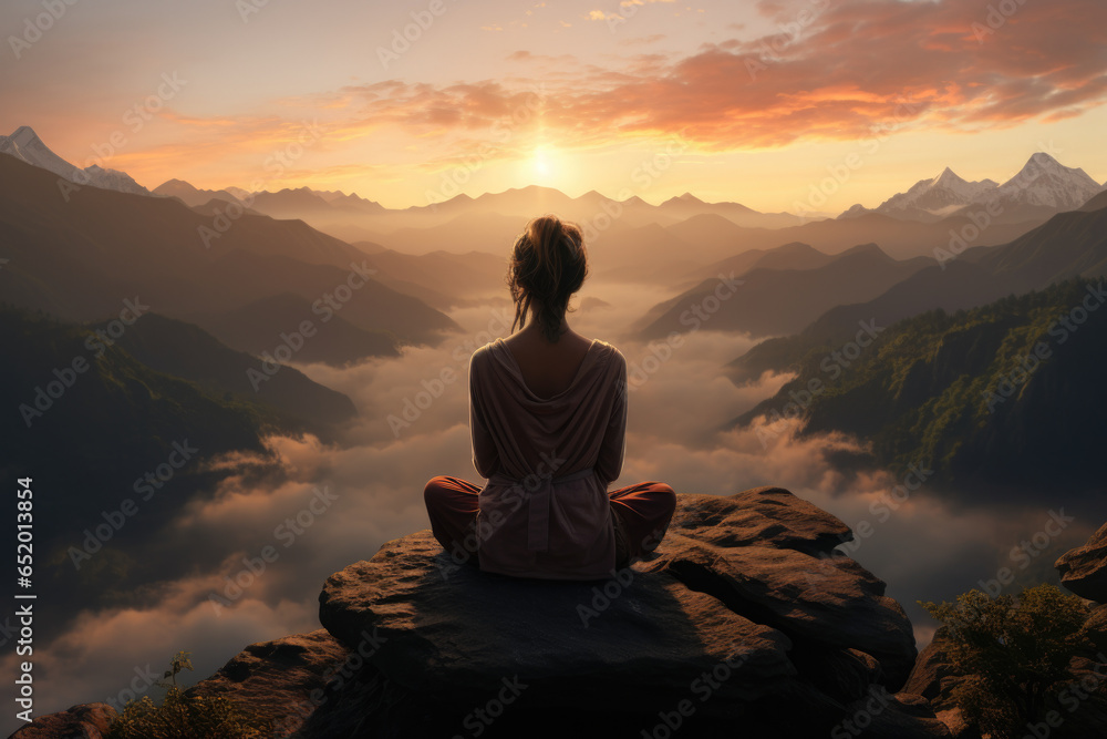 A person practicing yoga on a serene mountaintop at sunrise, embracing mindfulness. Generative Ai.