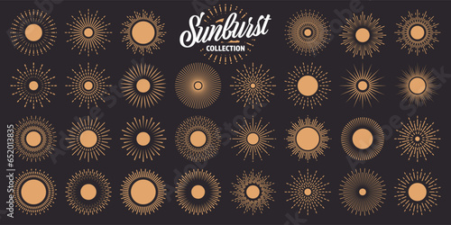 Vintage sunburst, sunset beams collection. Hand drawn bursting sun, light rays. Logotype or lettering design element in retro style. Vector illustration