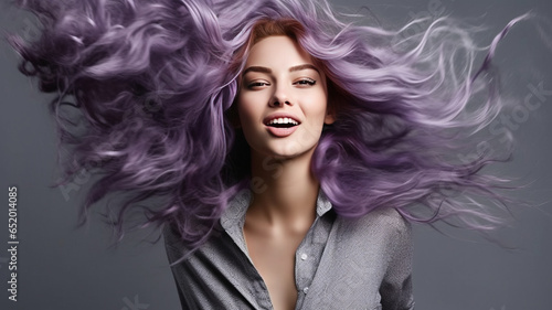 Lively purple hair on a gray background generative ai