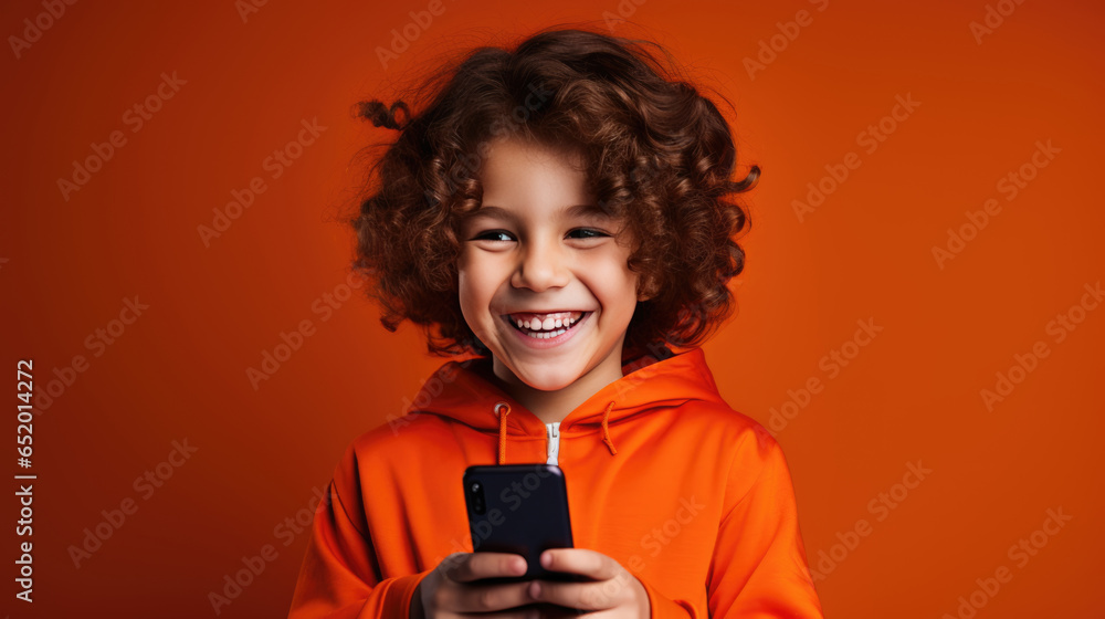 Little smiling boy with a cell phone on a colored background. Little smiling boy with a cell phone on a colored background.