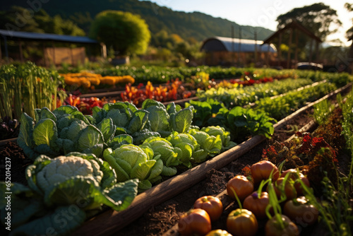 A diversified organic farm with rows of vegetables, showcasing sustainable crop rotation. Generative Ai.
