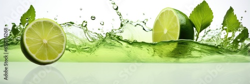 A Lime Fruit Slice Accompanied By Leaves And A Green Juice Splash Representing A Mojito Drink photo