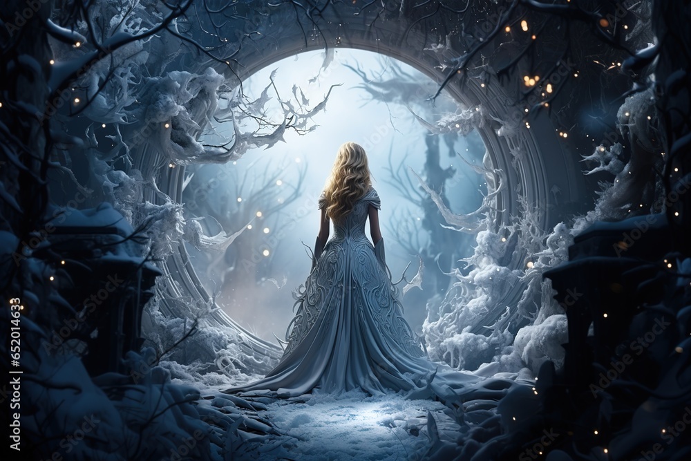 Fototapeta premium A young attractive woman, a girl in an exquisite dress in front of the entrance to a mysterious fantastic winter forest. Winter fantasy