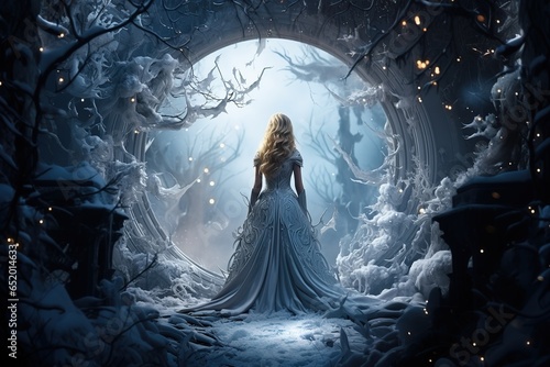 A young attractive woman, a girl in an exquisite dress in front of the entrance to a mysterious fantastic winter forest. Winter fantasy