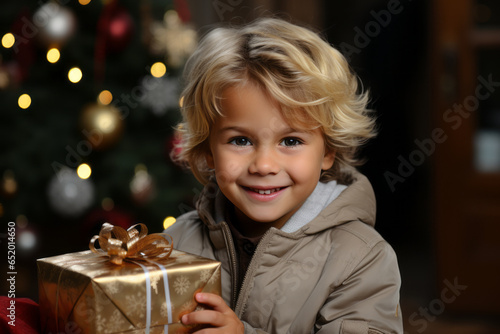 Happy boy with blond hair smiling and holding a gift with a gold ribbon in his hands on the background of a Christmas tree