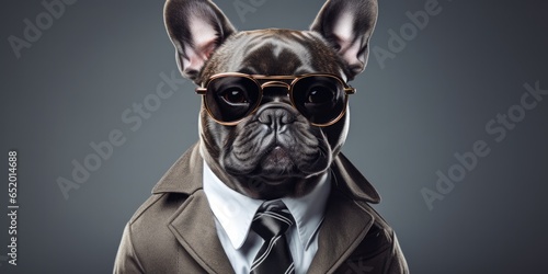 A Stylish French Bulldog Sporting A Trendy Outfit Including A Jacket Tie And Glasses Posing Confidently As If It Were A Supermodel The Image Offers Ample Space For Text photo