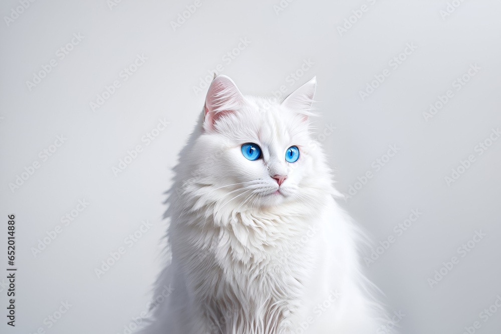 Portrait of white blue-eyed fluffy cat on the empty background - Generative AI