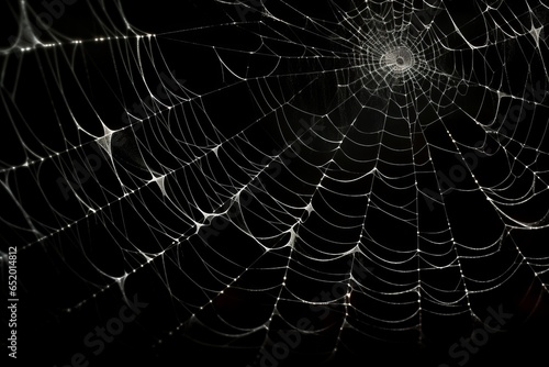 A chilling artificial spider web stretches over a deep black backdrop, setting a spine-tingling Halloween mood.