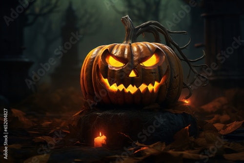 Amidst the enveloping darkness, a jack-o-lantern glows eerily, its carved face casting playful shadows, summoning the spirit of Halloween.
