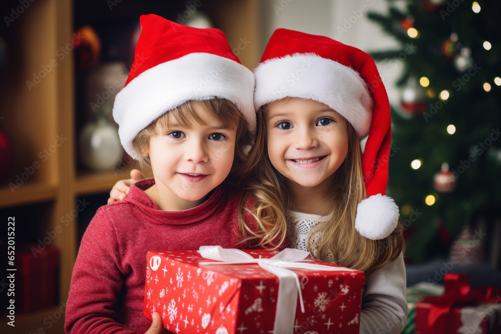 A boy and a girl are holding a Christmas present in their hands against the background of a Christmas tree. Family celebration A boy and a girl are holding a Christmas present in their hands against the background of a Christmas tree. Family celebration