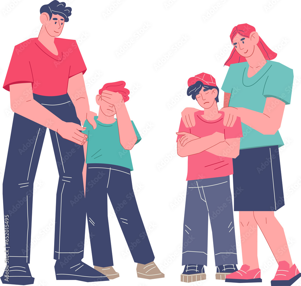 Parents supporting and comforting their children. Teenage crisis and children behavior problems. Parents supporting and comforting their children. Teenage crisis and children behavior problems.