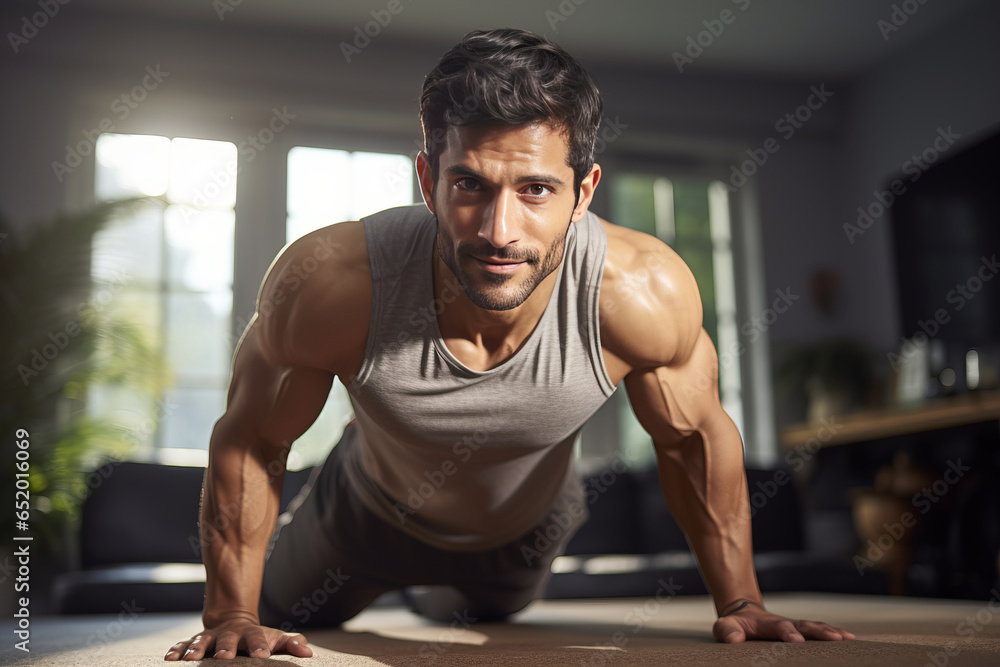 exercise and healthy lifestyle concepts - Indian man doing abdominal exercises at home.generative ai exercise and healthy lifestyle concepts - Indian man doing abdominal exercises at home.generative ai