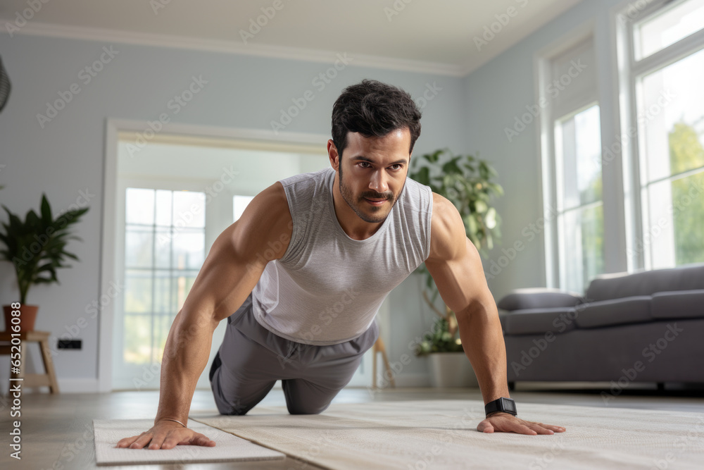 exercise and healthy lifestyle concepts - Indian man doing abdominal exercises at home generative ai exercise and healthy lifestyle concepts - Indian man doing abdominal exercises at home generative ai