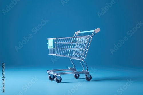 Toy shopping cart on blue background