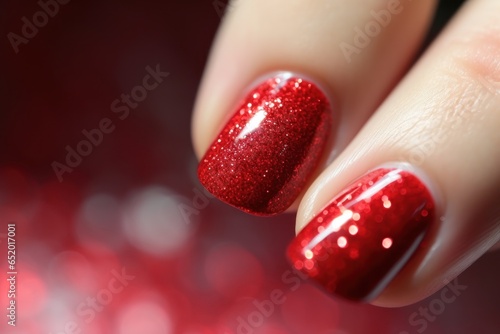 A close-up view of a person's hand with a vibrant red manicure. This image captures the beauty and detail of perfectly painted nails. Ideal for fashion, beauty, and lifestyle publications.
