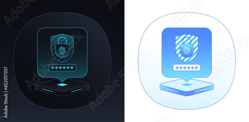 User data protection, cyber security. Safety shield, secure input password, lock with fingerprint id for unlock account access. Personal identification, private pass, identity verification. Vector