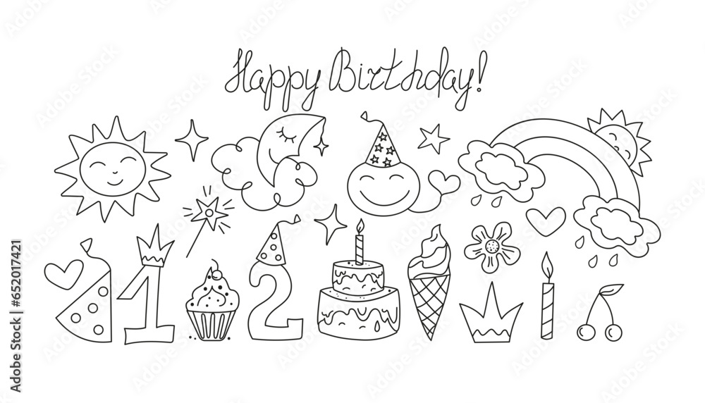 Fototapeta premium Cute icons, cartoon birthday attributes. Inscription. Happy Birthday. Children's holiday, magical doodles. Vector illustration, sketch. Sweets, candles, cap, crown, numbers. Line icons. 