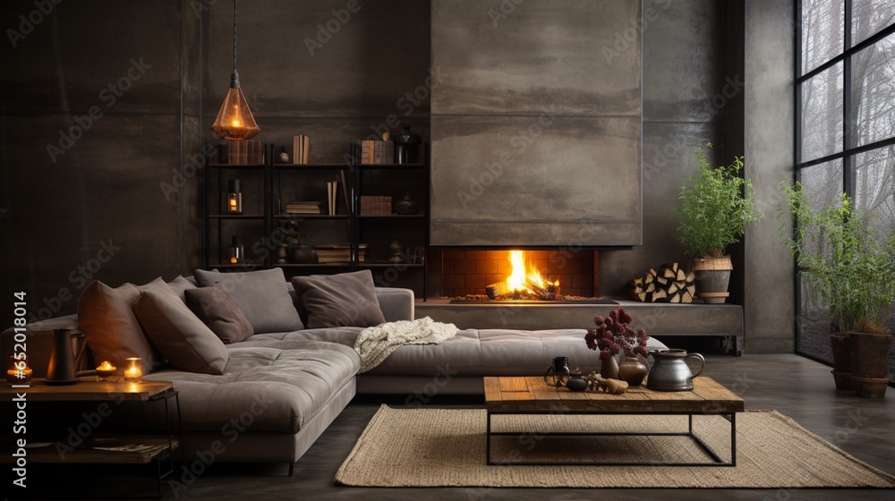 Loft interior design of a modern living room, featuring a sofa and fireplace, with concrete paneling on the walls and floor Loft interior design of a modern living room, featuring a sofa and fireplace, with concrete paneling on the walls and floor