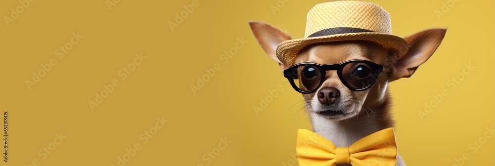 A Chic Chihuahua Dog Dressed In A Fashionable Ensemble Complete With A Jacket Tie Glasses And A Tilted Straw Hat Striking A Pose As A Supermodel