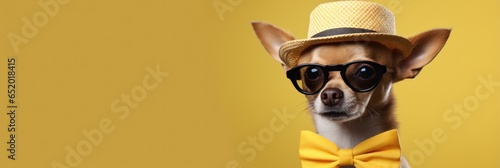 A Chic Chihuahua Dog Dressed In A Fashionable Ensemble Complete With A Jacket Tie Glasses And A Tilted Straw Hat Striking A Pose As A Supermodel