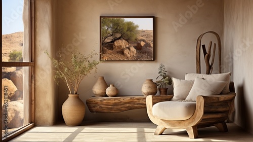 Lounge chair positioned near a beige stucco wall in a rustic interior design for a modern living room in a country house © Newton