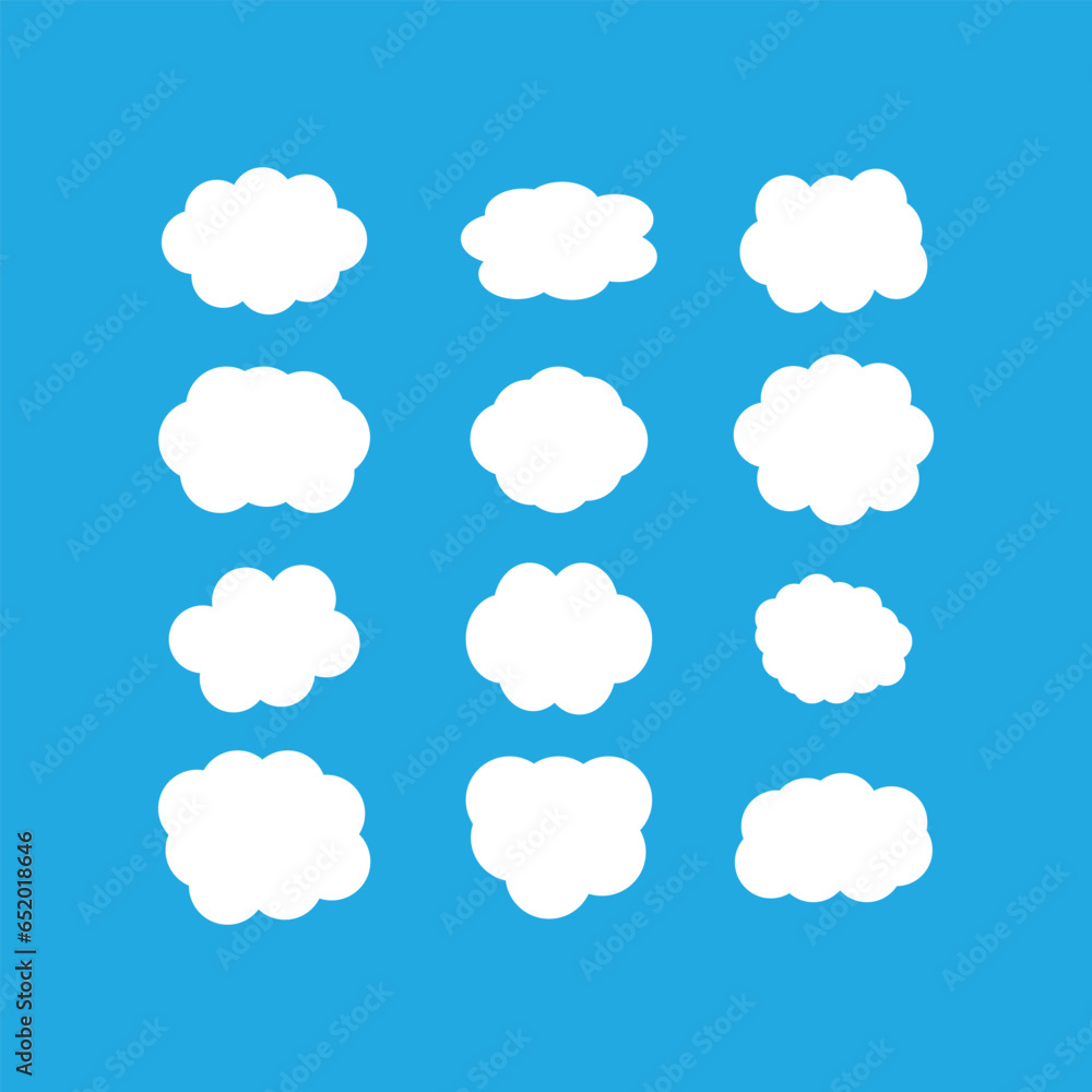 clouds in the sky Set of clouds. Set of different clouds on blue background. Collection of cloud icon, shape, label. Vector
