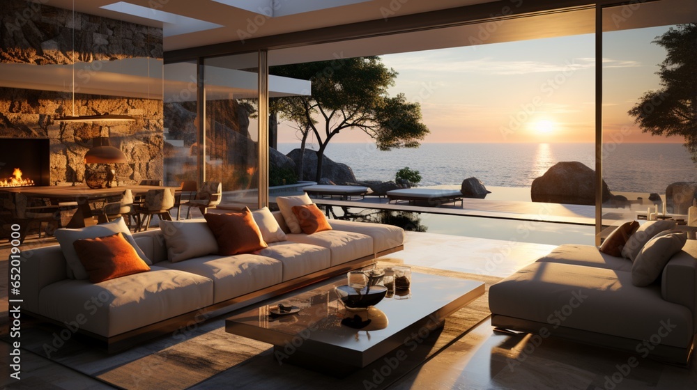 Luxurious villa with a terrace and a floor-to-ceiling panoramic window offering an amazing sea view Interior design for a modern living room