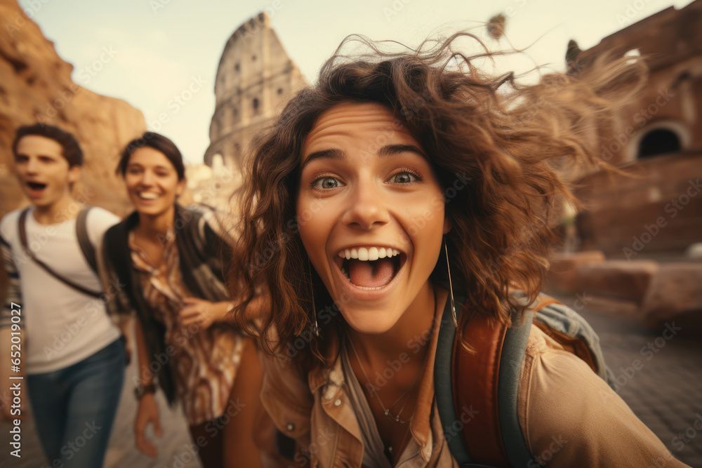 Two friends photobombing a tourist's selfie at a famous landmark, making funny faces in the background. Concept of playful tourism. Generative Ai.