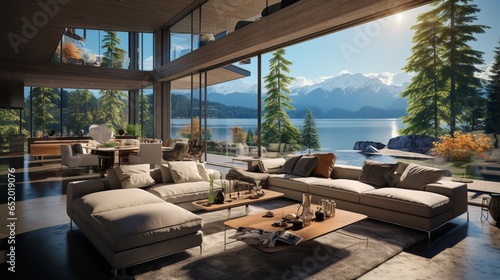 Luxury home interior design of a modern living room in a lakeside house with a cozy beige sofa in a spacious room with a terrace Panoramic open windows offer stunning sea bay, lake and mountain views © Newton