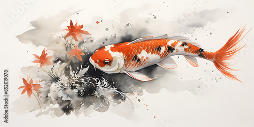 Slika na platnu Japanese Sumi-e Ink Painting carp koi, generative ai