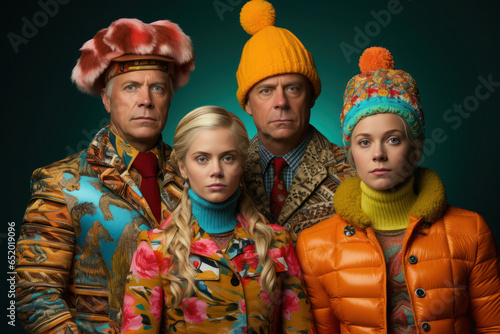 A family dressed in matching, outrageously colorful outfits for an awkward holiday portrait. Concept of eccentric holiday traditions. Generative Ai.