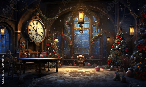 A Christmas-decorated room with a Christmas tree waiting for the arrival of Santa Claus, who will bring Christmas presents. Generative Ai