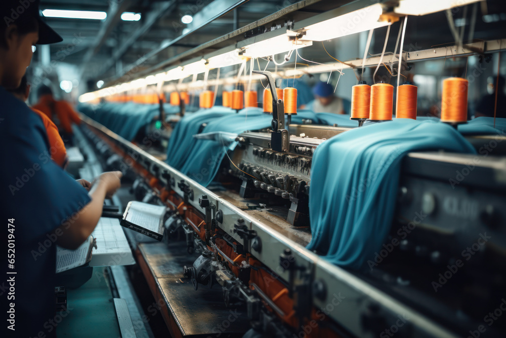 Workers in a textile factory operating looms and creating vibrant fabrics. Concept of textile production. Generative Ai.