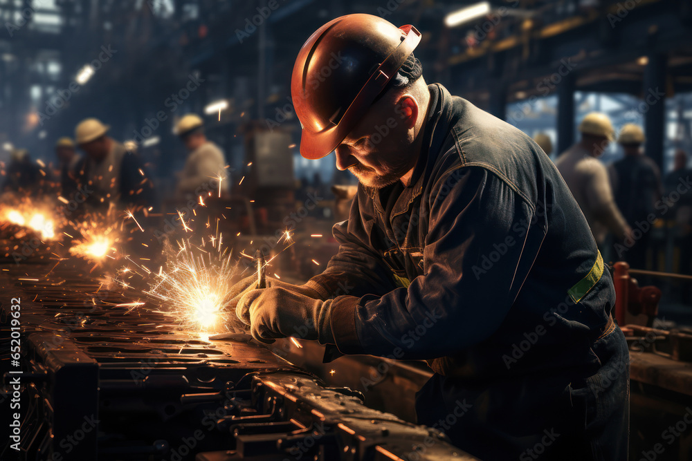 A shipbuilder welding together sections of a massive cruise ship under construction. Concept of shipbuilding. Generative Ai. A shipbuilder welding together sections of a massive cruise ship under construction. Concept of shipbuilding. Generative Ai.