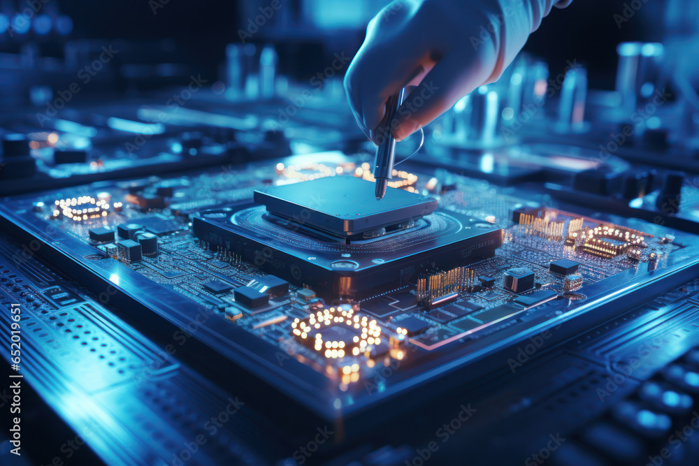 Obraz premium A technician in a cleanroom assembling intricate microchips for electronic devices. Concept of semiconductor manufacturing. Generative Ai.