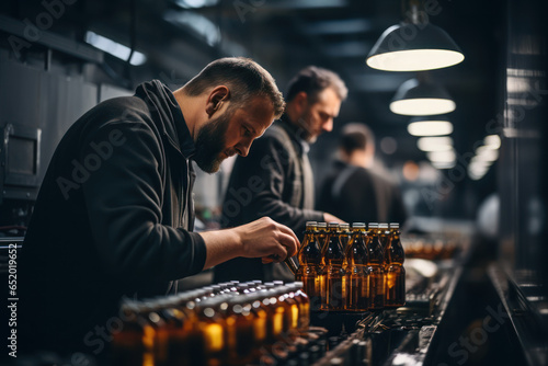 Fotomurale Workers in a brewery inspecting and packaging freshly brewed beer