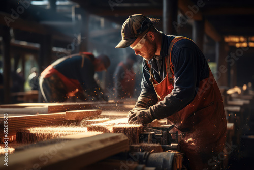 Workers in a sawmill cutting and processing timber into lumber. Concept of forestry and wood processing. Generative Ai.
