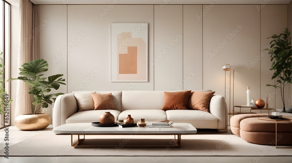 Fototapeta premium A modern living room with an abstract art piece as the focal point - Generative AI