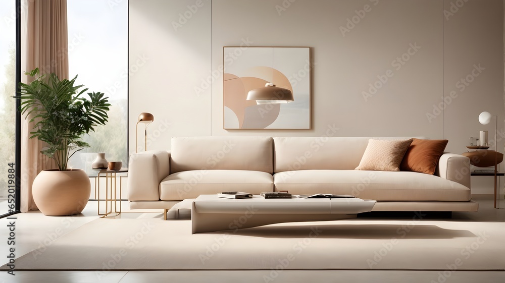 Fototapeta premium A modern living room with an abstract art piece as the focal point - Generative AI 