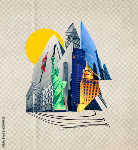 Obraz na płótnie Collage of fragments of buildings. New York City Manhattan view with skyscrapers against sky. Collage or modern art design w salonie