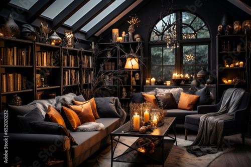 Living room in Halloween theme with soft couches and burning candles