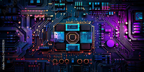 wallpapers about computer science motherboard, components, neon colors, generative AI