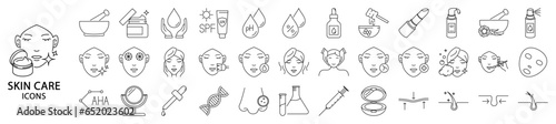 Skincare Line icons. Set icon about skincare. Skin care icons. vector illustration. Editable stroke.