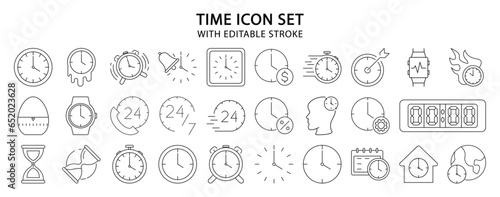 Time icons. Set icon about time. Time line icons. Vector illustration. Editable stroke.