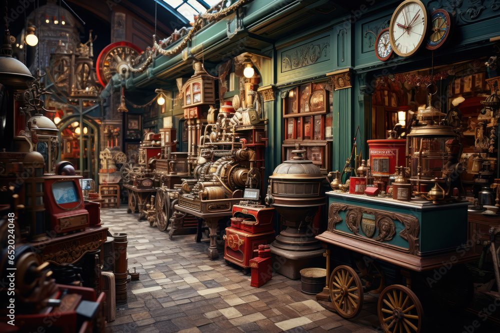 A vintage toy store with tin wind-up toys and wooden blocks. Concept of timeless playthings. Generative Ai.