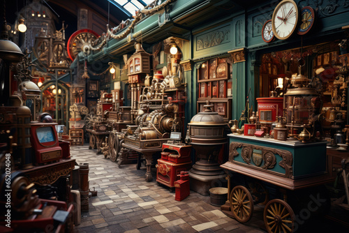 A vintage toy store with tin wind-up toys and wooden blocks. Concept of timeless playthings. Generative Ai.