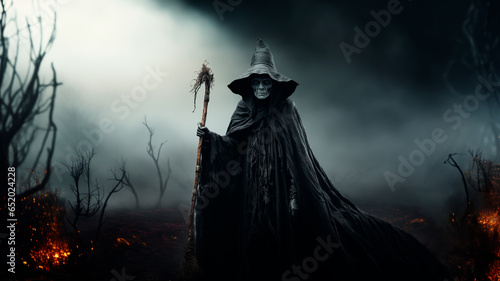 Halloween sinister enchantress. A hag standing with a broomstick. Generative AI