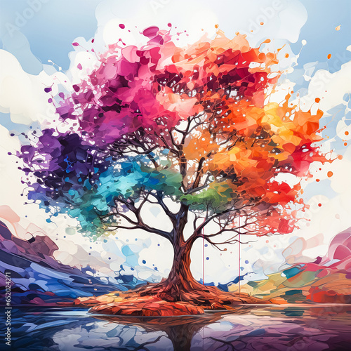 Dynamic Watercolor Tree Playful splashes on multicolored canvas