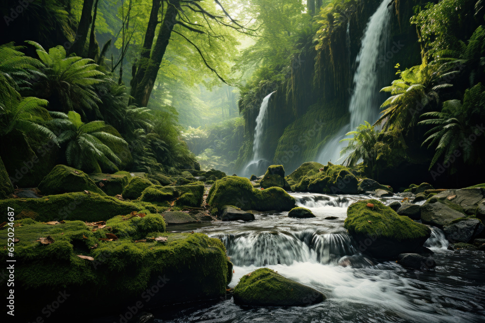 A roaring waterfall hidden within a lush forest, a natural wonder that instills awe and wonder. Generative Ai. A roaring waterfall hidden within a lush forest, a natural wonder that instills awe and wonder. Generative Ai.